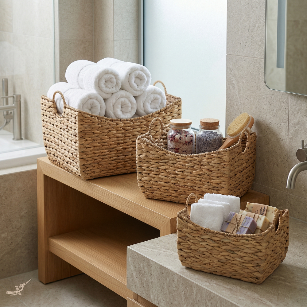 Boba - Set de 3 paniers en jacinthe d'eau tressée main – vue d'ambiance – Produit artisanal fait à la main · Kuênia