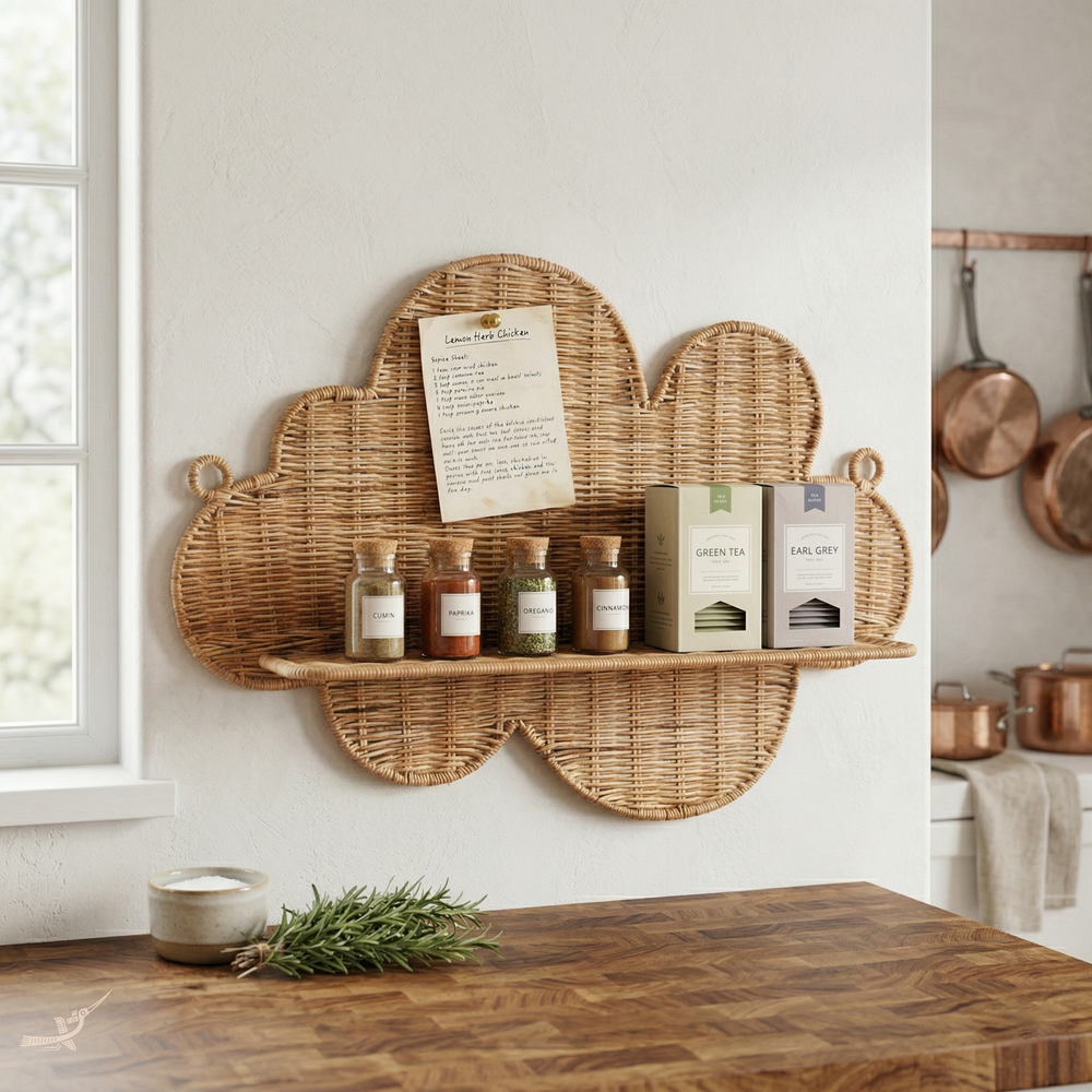 Mâya - Étagère murale nuage en rotin tressé main – mise en scène – Produit artisanal fait à la main · Kuênia