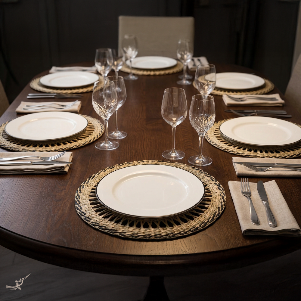 Couronne Alizée - Set de table rond en jonc de mer avec liseré noir – vue de détail – Produit artisanal fait à la main · Kuênia