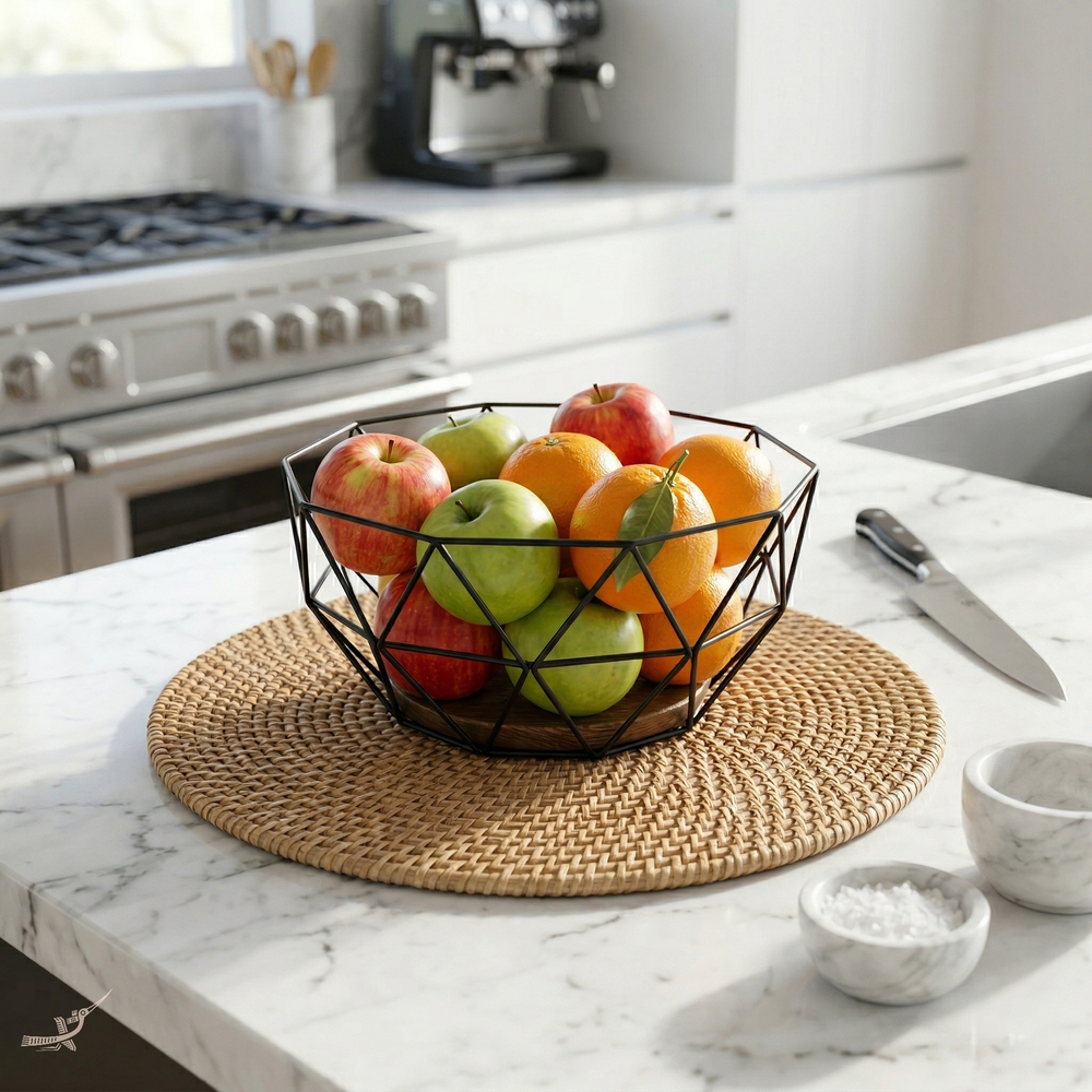 Lune Ensablée - Set de table rond en rotin tressé main – vue d'ambiance – Produit artisanal fait à la main · Kuênia
