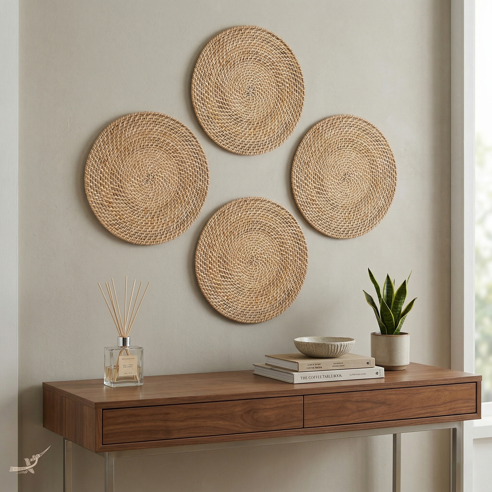 Lune Ensablée - Set de table rond en rotin tressé main – vue d'usage – Produit artisanal fait à la main · Kuênia