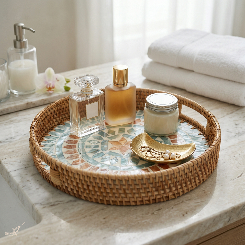 Embrasia - Plateau rond en rotin et nacre fait main – vue d'ambiance – Produit artisanal fait à la main · Kuênia
