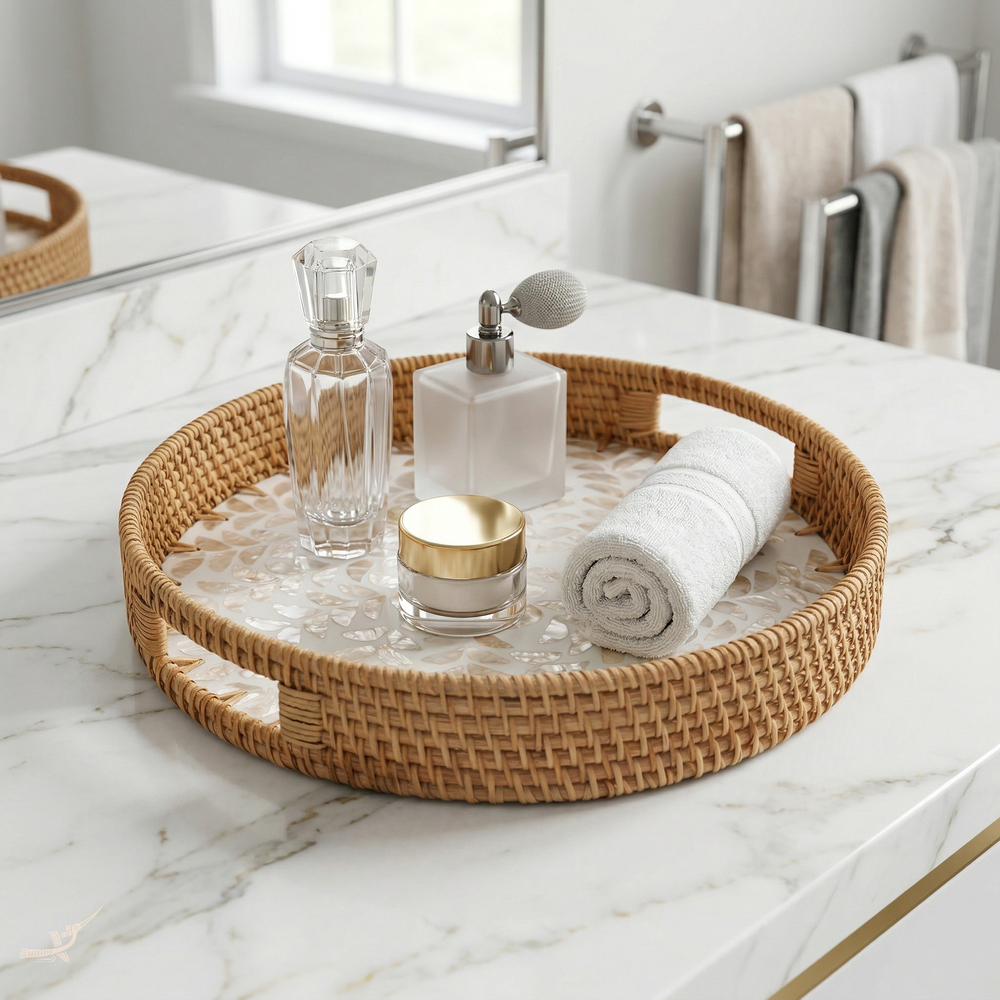 Opalia - Plateau rond en rotin et nacre fait main – mise en scène – Produit artisanal fait à la main · Kuênia