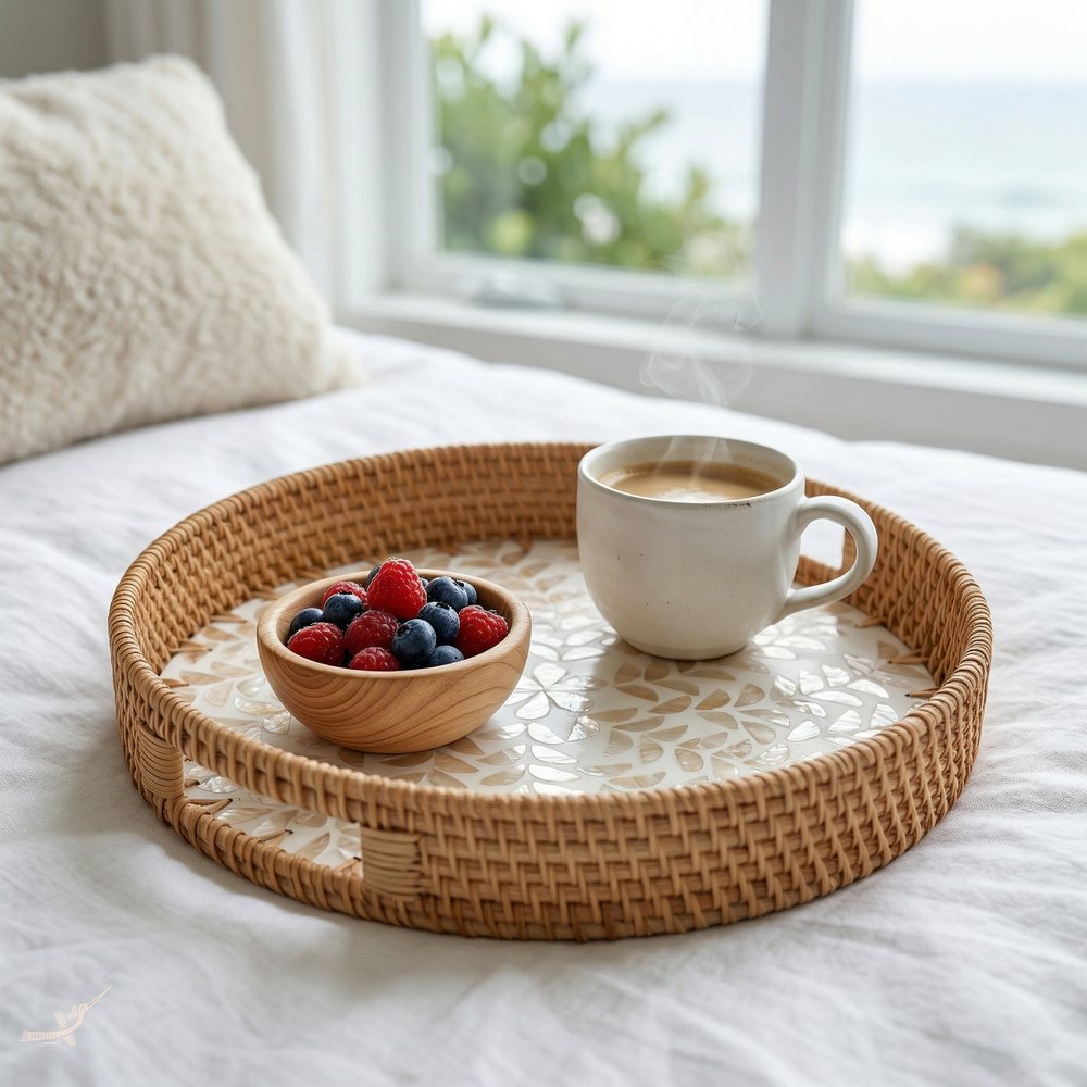 Opalia - Plateau rond en rotin et nacre fait main – vue d'ambiance – Produit artisanal fait à la main · Kuênia