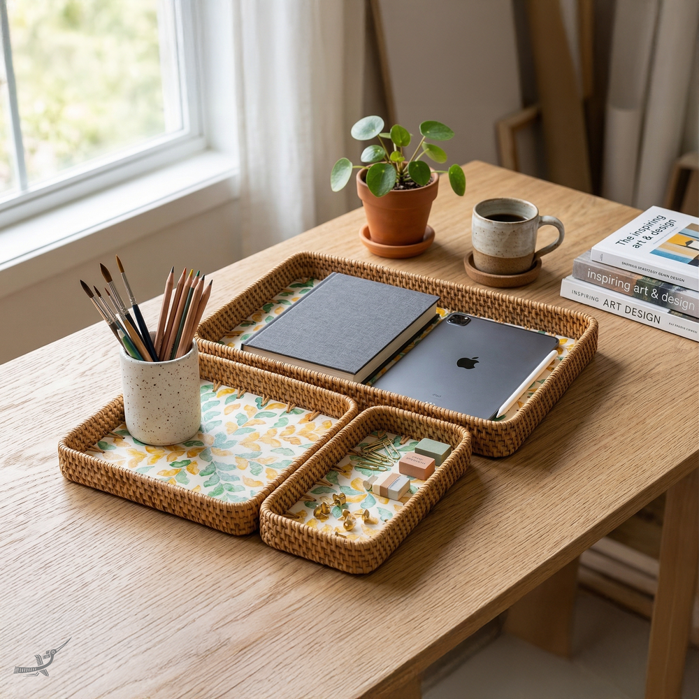 Autonia - Set de 3 plateaux rectangulaires en rotin et nacre fait main, motif feuillage automnal – vue d'usage – Produit artisanal fait à la main · Kuênia