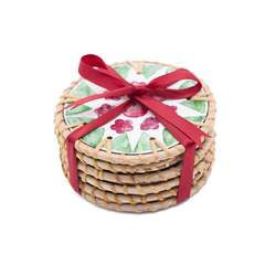Ronde de Cerisier - Set de 6 sous-verres en rotin et nacre fait main, motif floral rose et vert – vue 5 – Produit artisanal fait à la main · Kuênia