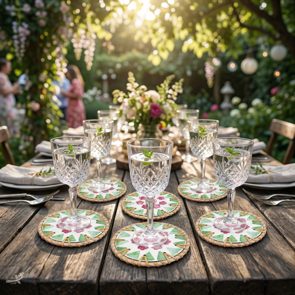 Ronde de Cerisier - Set de 6 sous-verres en rotin et nacre fait main, motif floral rose et vert – vue d'ambiance – Produit artisanal fait à la main · Kuênia