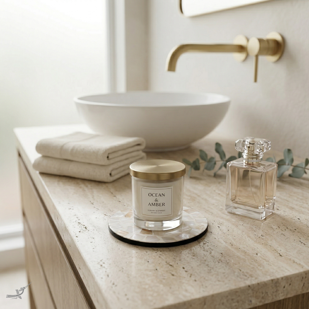 Écorces d'Ambre - Coffret de 6 sous-verres tout nacre, motif mosaïque blanc et ambré – vue d'ambiance – Produit artisanal fait à la main · Kuênia