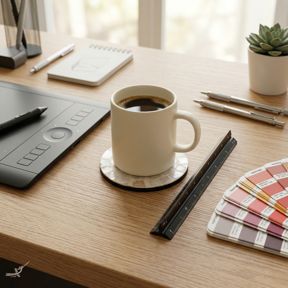 Écorces d'Ambre - Coffret de 6 sous-verres tout nacre, motif mosaïque blanc et ambré – vue d'usage – Produit artisanal fait à la main · Kuênia