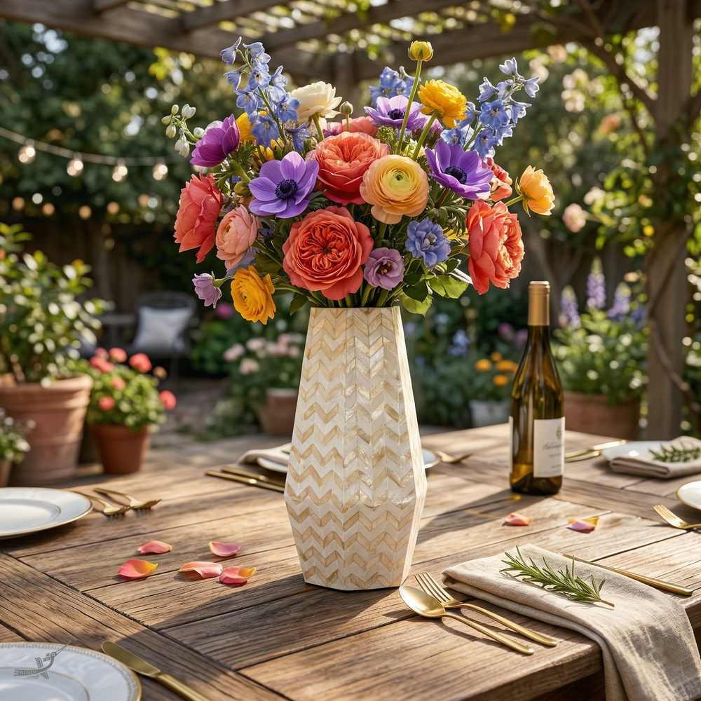 Prisma Alto - Vase haut prismatique en marqueterie de nacre, motif chevrons dorés – mise en scène – Produit artisanal fait à la main · Kuênia
