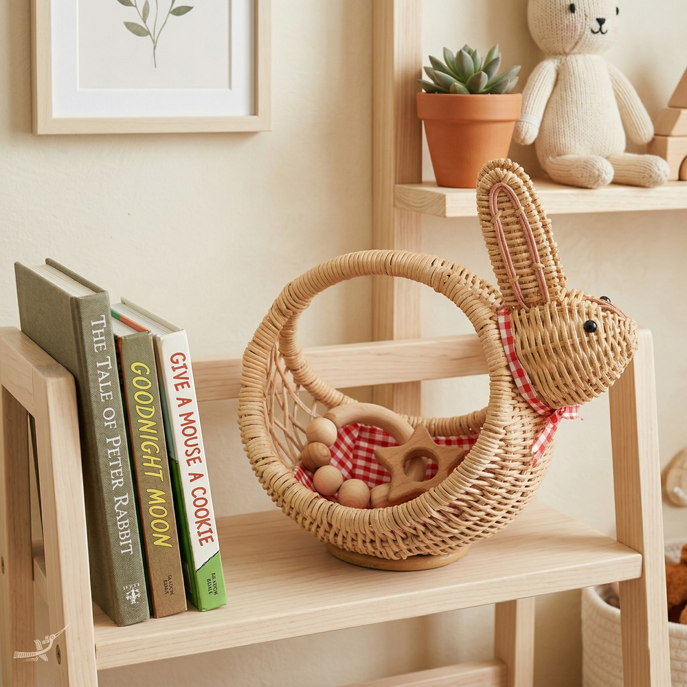 Taito - Panier lapin en rotin tressé main – vue d'usage – Produit artisanal fait à la main · Kuênia