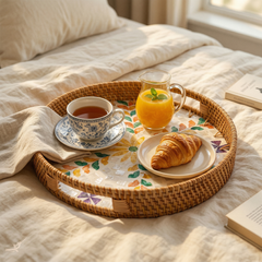 Floretia - Plateau rond en rotin et nacre fait main, motif floral multicouleur – mise en scène – Produit artisanal fait à la main · Kuênia