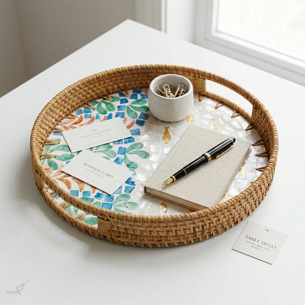 Aquaria - Plateau rond en rotin et nacre fait main, motif corail et banc de poisson – vue d'ambiance – Produit artisanal fait à la main · Kuênia