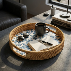 Volubia - Plateau rond en rotin et nacre fait main, motif feuillage volubile – vue d'usage – Produit artisanal fait à la main · Kuênia