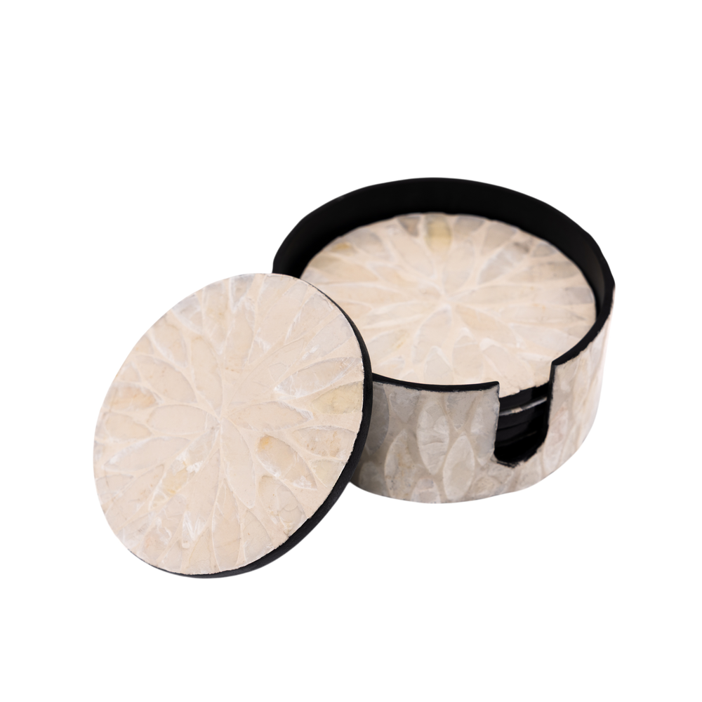 Reflets de Cristal - Coffret de 6 sous-verres tout nacre, motif floral translucide sur fond transparent – Produit artisanal fait à la main · Kuênia