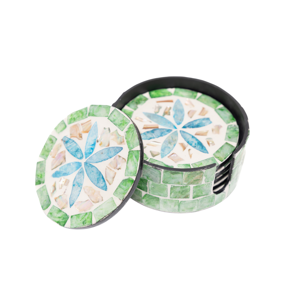 Jardin de Verre - Coffret de 6 sous-verres tout nacre, mosaïque florale multicolore sur fond transparent – Produit artisanal fait à la main · Kuênia