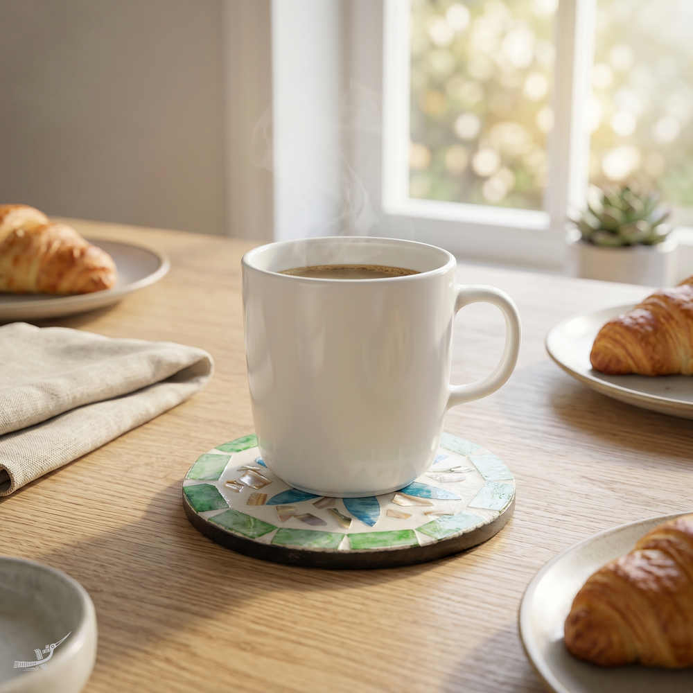 Jardin de Verre - Coffret de 6 sous-verres tout nacre, mosaïque florale multicolore – vue de détail – Produit artisanal fait à la main · Kuênia