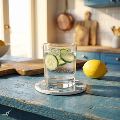 Écailles de Nacre – Coffret de 6 sous-verres tout nacre, motif banc de poissons – mise en scène – Produit artisanal fait à la main · Kuênia