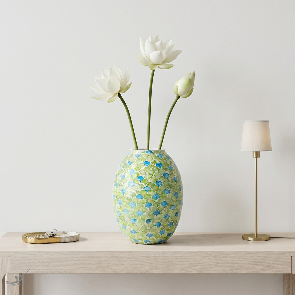 Sirena - Vase galbé en marqueterie de nacre, motif écailles vertes et bleues – mise en scène – Produit artisanal fait à la main · Kuênia