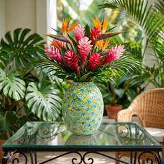 Sirena - Vase galbé en marqueterie de nacre, motif écailles vertes et bleues – vue d'ambiance – Produit artisanal fait à la main · Kuênia