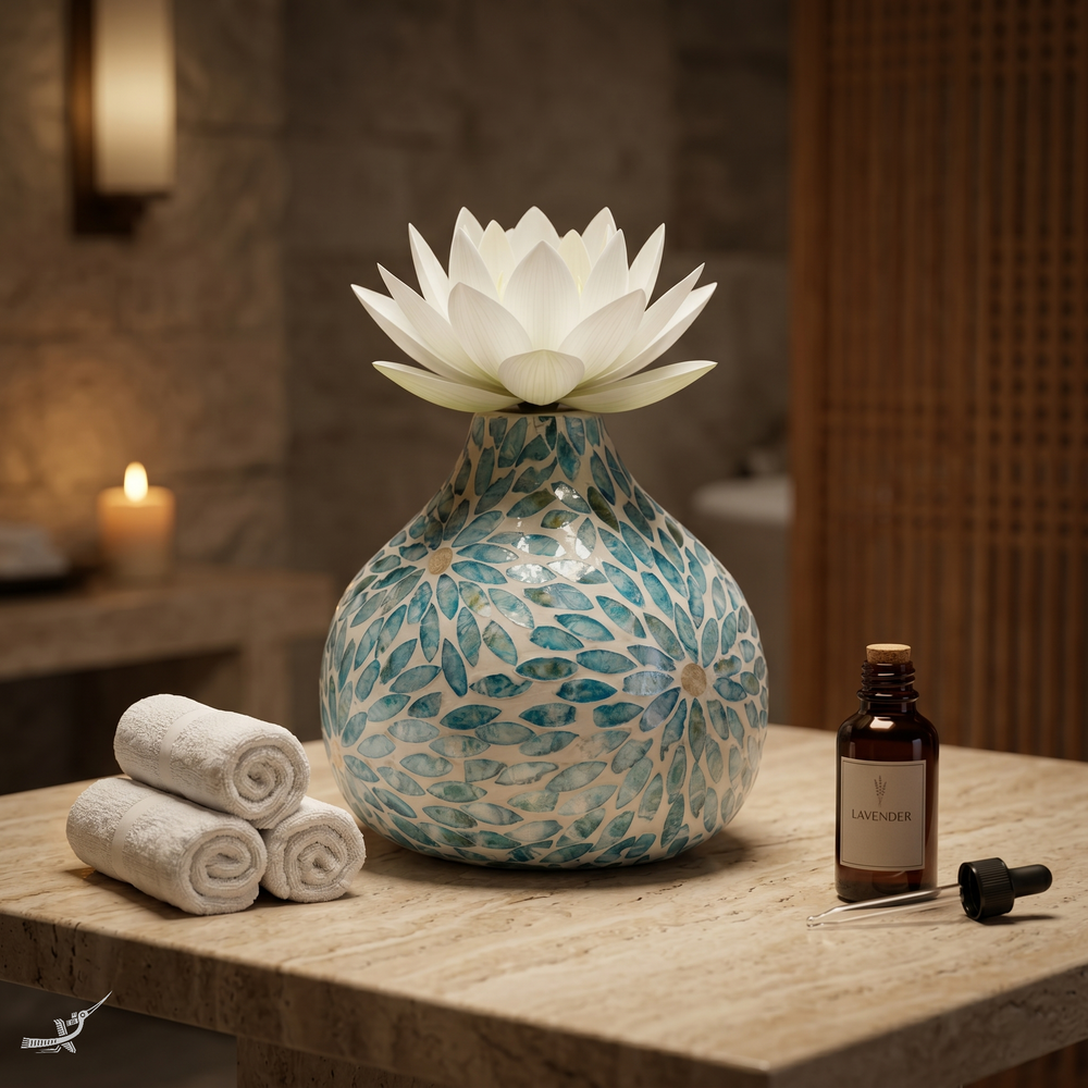 Celesto - Vase décoratif goutte d'eau en marqueterie de nacre bleue, motif floral – vue d'ambiance – Produit artisanal fait à la main · Kuênia