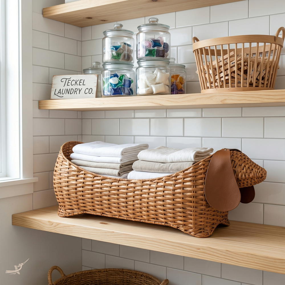 Sossi - Panier teckel en rotin naturel et oreilles en cuir – mise en scène – Produit artisanal fait à la main · Kuênia