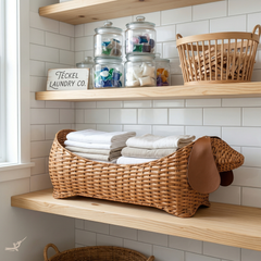 Sossi - Panier teckel en rotin naturel et oreilles en cuir – mise en scène – Produit artisanal fait à la main · Kuênia