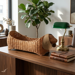 Sossi - Panier teckel en rotin naturel et oreilles en cuir – vue d'ambiance – Produit artisanal fait à la main · Kuênia