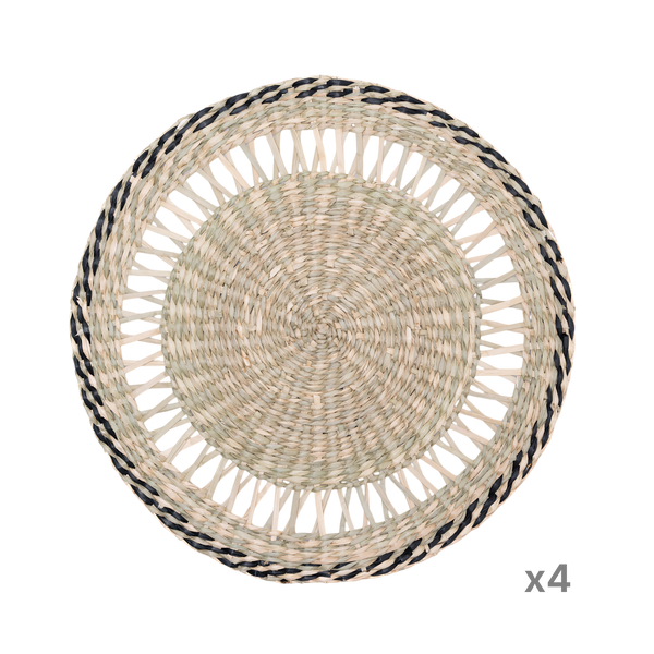 Couronne Alizée - Round placemat in seagrass with black trim on transparent background – Handcrafted product, handmade · Kuênia