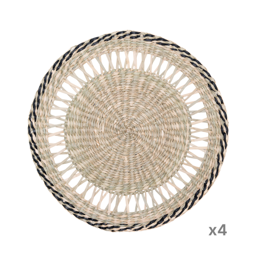 Couronne Alizée - Set de table rond en jonc de mer avec liseré noir sur fond transparent – Produit artisanal fait à la main · Kuênia