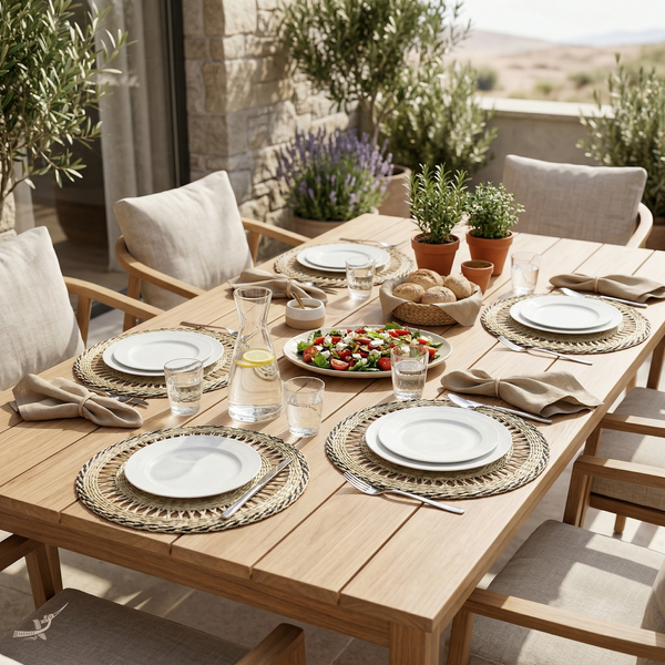 Couronne Alizée - Round placemat in seagrass with black trim – staged view – Handcrafted product, handmade · Kuênia