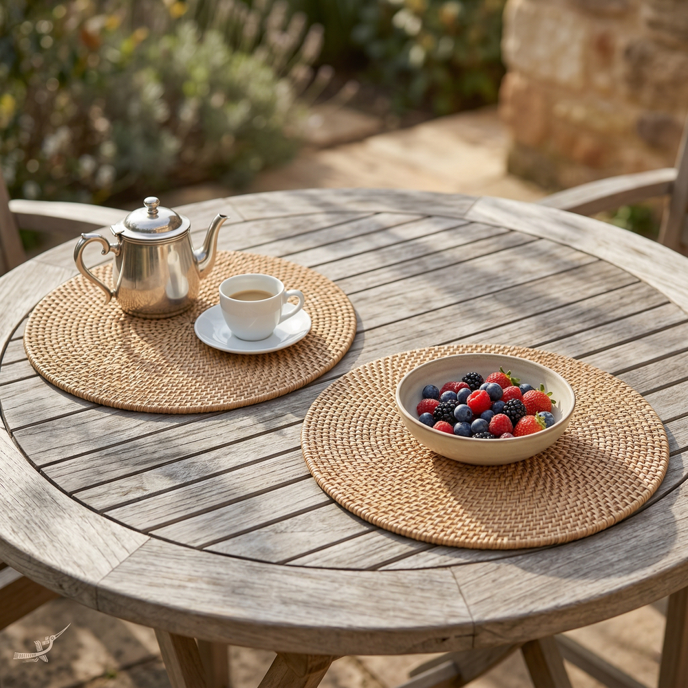 Lune Ensablée - Set de table rond en rotin tressé main – vue de détail – Produit artisanal fait à la main · Kuênia