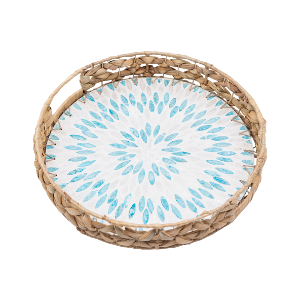 Marinia Grande - Plateau rond en jacinthe d'eau et nacre sur fond transparent – Produit artisanal fait à la main · Kuênia