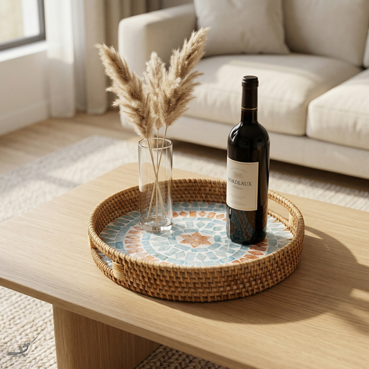 Embrasia - Plateau rond en rotin et nacre fait main – vue de détail – Produit artisanal fait à la main · Kuênia