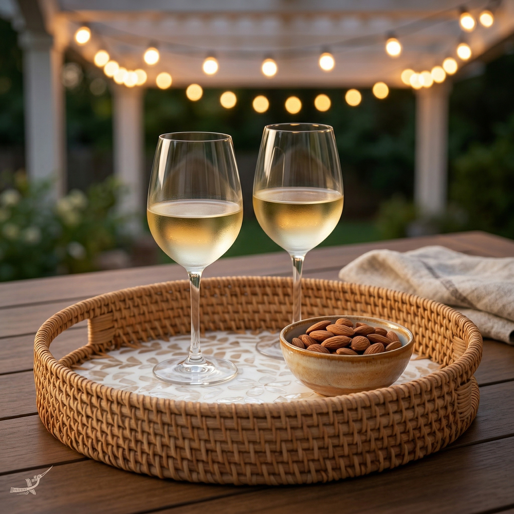 Opalia - Plateau rond en rotin et nacre fait main – vue de détail – Produit artisanal fait à la main · Kuênia
