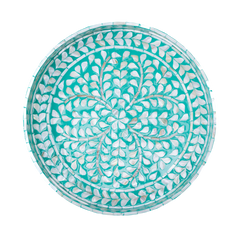 Lagonis - Grand plateau rond tout nacre, fond lagon turquoise et pétales irisés sur fond transparent – Produit artisanal fait à la main · Kuênia