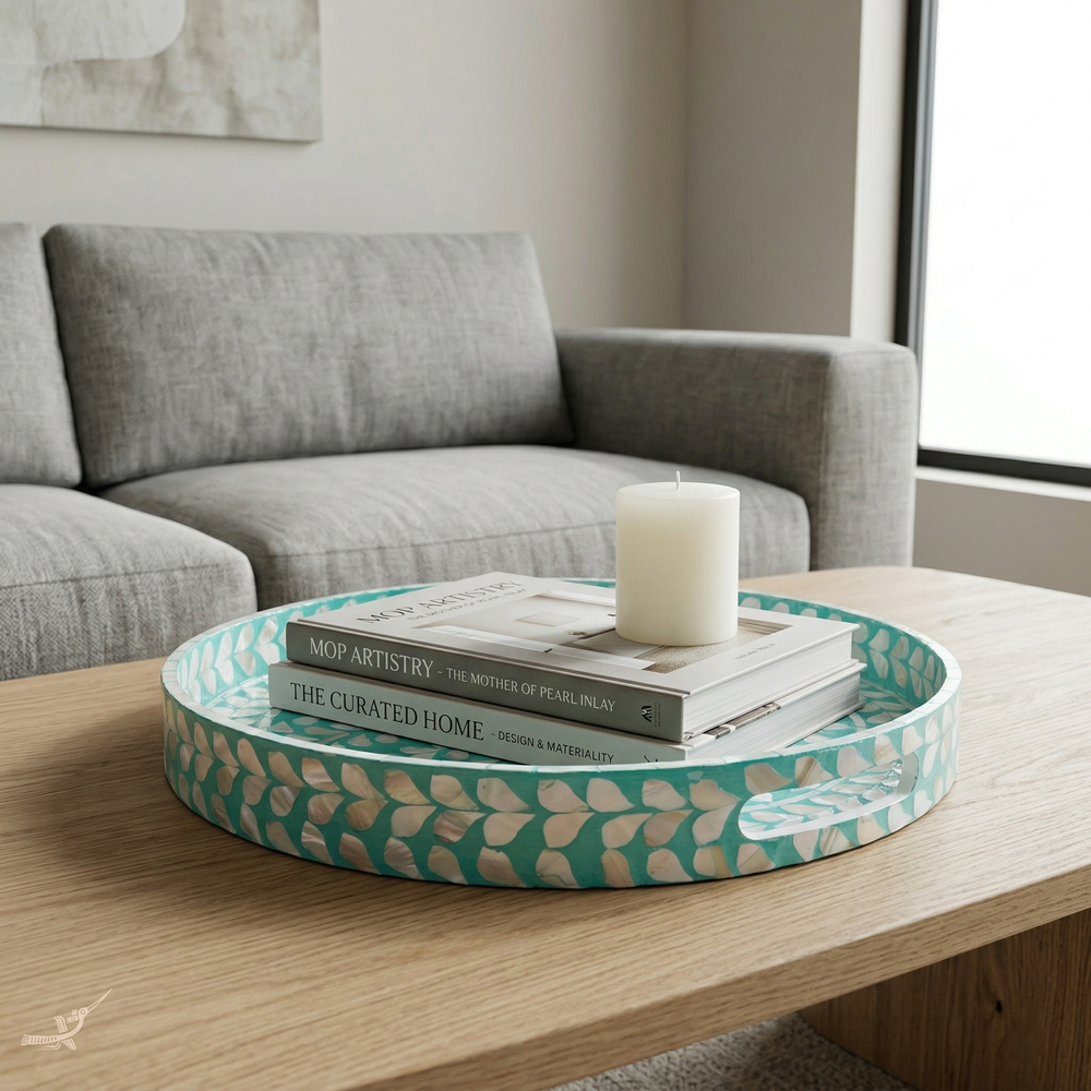 Lagonis - Grand plateau rond tout nacre, fond lagon turquoise et pétales irisés – mise en scène – Produit artisanal fait à la main · Kuênia