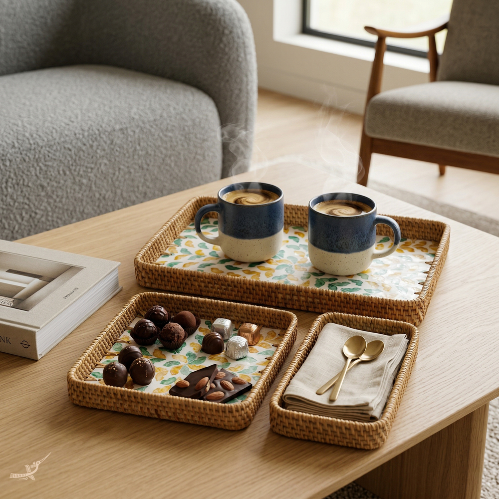 Autonia - Set de 3 plateaux rectangulaires en rotin et nacre fait main, motif feuillage automnal – mise en scène – Produit artisanal fait à la main · Kuênia