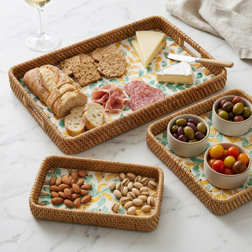 Autonia - Set de 3 plateaux rectangulaires en rotin et nacre fait main, motif feuillage automnal – vue d'ambiance – Produit artisanal fait à la main · Kuênia