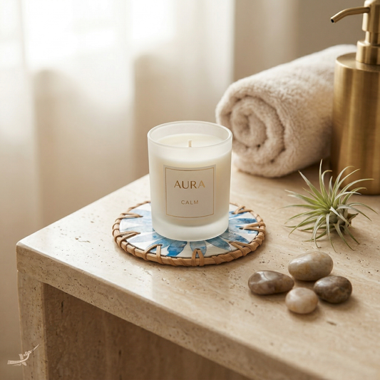 Rayons de Bleuet - Set de 6 sous-verres en rotin et nacre fait main, motif floral bleu – vue d'ambiance – Produit artisanal fait à la main · Kuênia