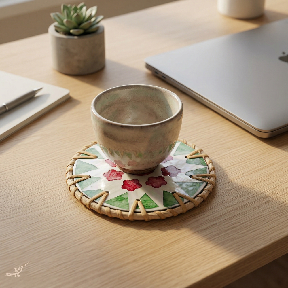 Ronde de Cerisier - Set de 6 sous-verres en rotin et nacre fait main, motif floral rose et vert – vue de détail – Produit artisanal fait à la main · Kuênia