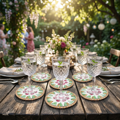 Ronde de Cerisier - Set de 6 sous-verres en rotin et nacre fait main, motif floral rose et vert – vue d'ambiance – Produit artisanal fait à la main · Kuênia