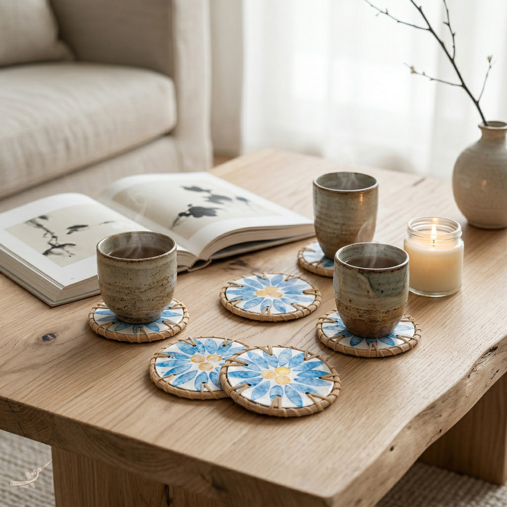 Rayons de Bleuet - Coffret de 6 sous-verres en rotin et nacre, avec couvercle, motif floral bleu – vue d'ambiance – Produit artisanal fait à la main · Kuênia