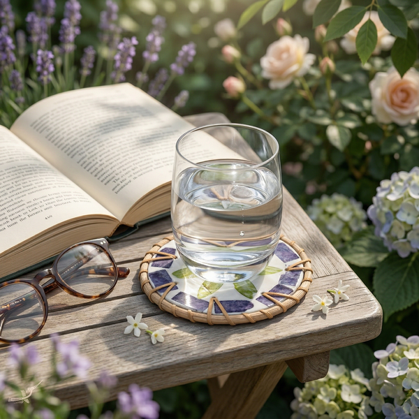 Étoile de Pervenche – Boxed set of 6 coasters in rattan and mother-of-pearl, with lid, purple and green floral pattern – detail view – Handcrafted product, handmade · Kuênia