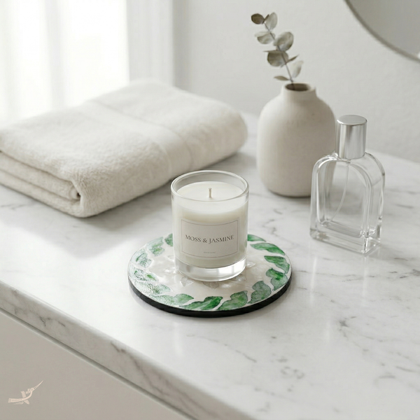 Tourbillons d'Émeraude - Boxed set of 6 coasters all mother-of-pearl, swirling botanical pattern – lifestyle view – Handcrafted product, handmade · Kuênia