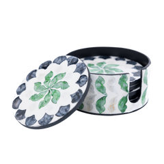 Éclosion de Jade - Coffret de 6 sous-verres tout nacre, motif végétal vert et noir sur fond transparent – Produit artisanal fait à la main · Kuênia