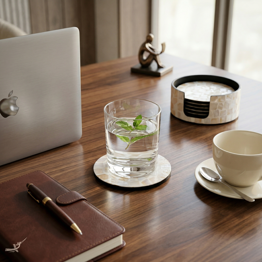 Écorces d'Ambre - Coffret de 6 sous-verres tout nacre, motif mosaïque blanc et ambré – vue de détail – Produit artisanal fait à la main · Kuênia