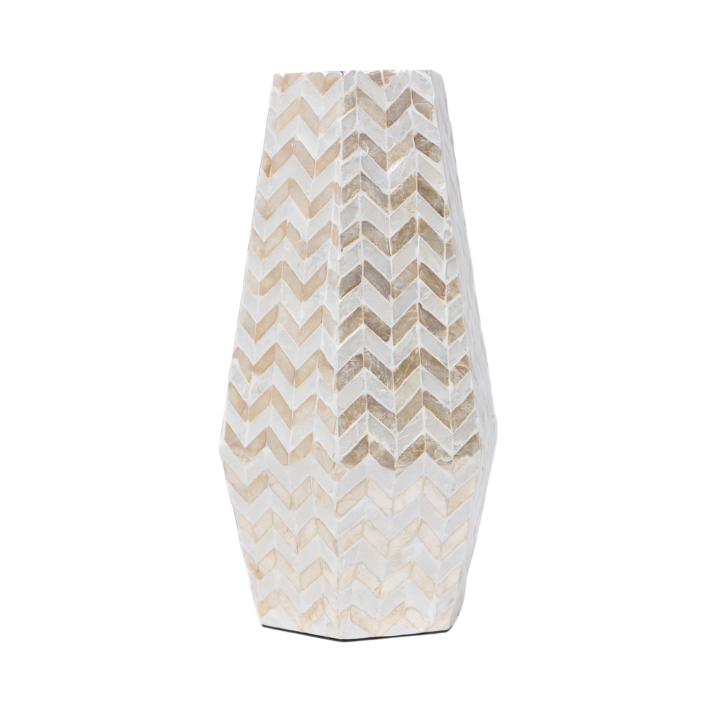 Prisma Alto - Vase haut prismatique en marqueterie de nacre, motif chevrons dorés sur fond transparent – Produit artisanal fait à la main · Kuênia
