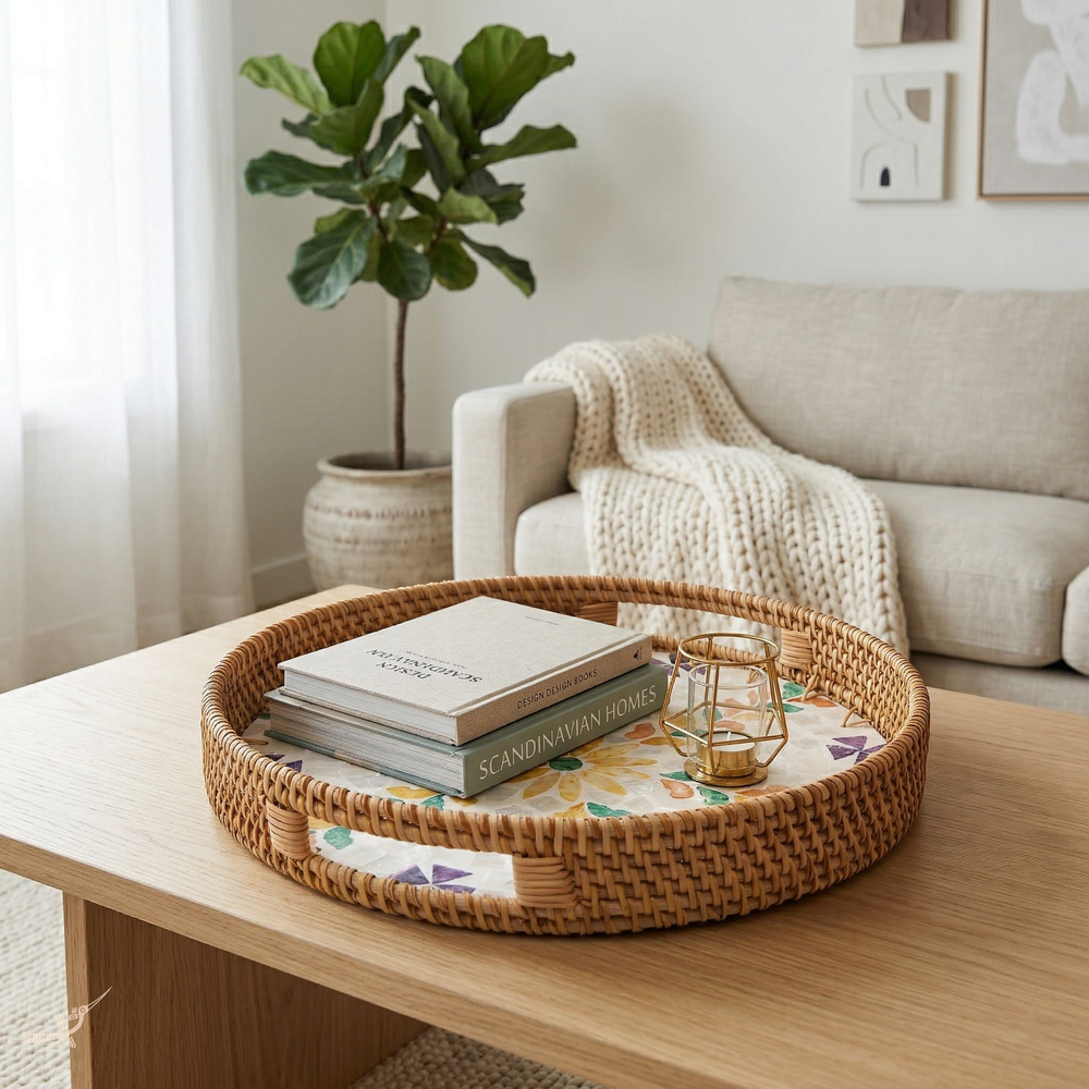 Floretia - Plateau rond en rotin et nacre fait main, motif floral multicouleur – vue de détail – Produit artisanal fait à la main · Kuênia