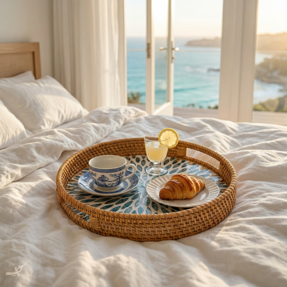 Mandalia - Plateau rond en rotin et nacre fait main, motif mandala bleu – vue de détail – Produit artisanal fait à la main · Kuênia
